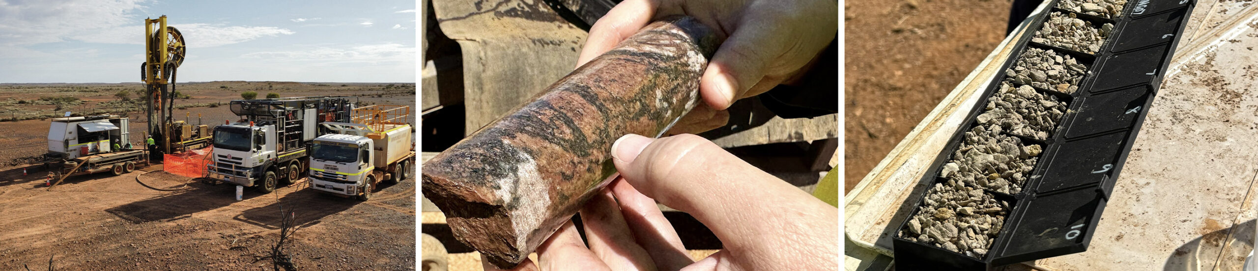 A surface drilling site with caravan, CT rig and two large trucks all aligned in a row with red dirt and blue skies. A close-up of a coiled tubing drilling core sample which is solid, cylindrical and depicts alternating colours and patterns. A long black segmented tray containing various chip samples obtained from the same coiled tubing drill rig.