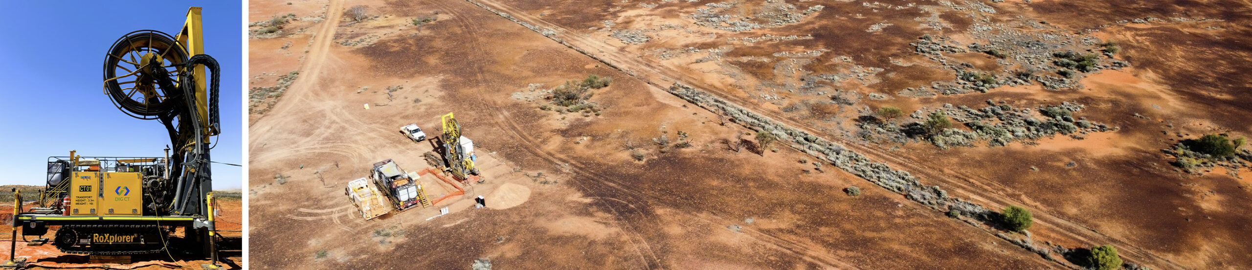 A yellow-coloured drill rig with a tall yellow mast and large spool known as the Coiled Tubing (CT) drill rig